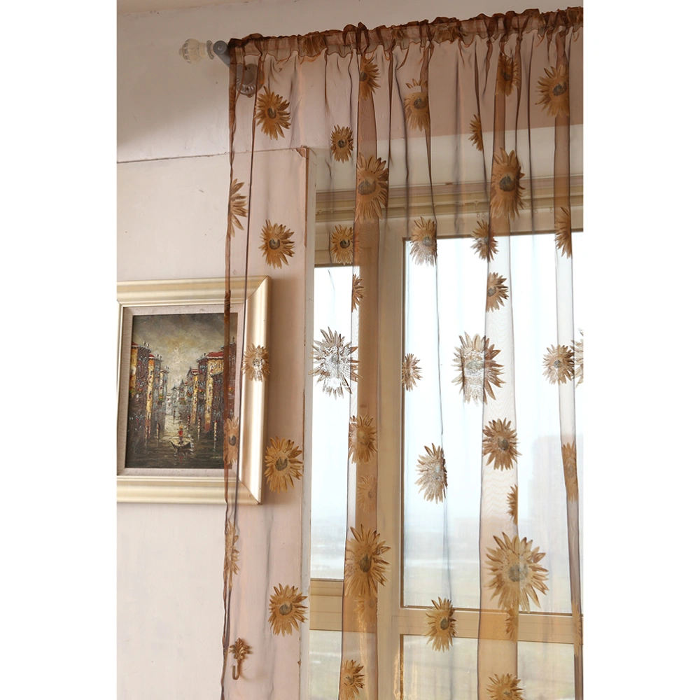 Transparent Tulle Window Sheer Window Screen Rod Pocket Voile Curtains with Sunflowers Pattern for Bedroom Living Room 200x270cm (Khaki)