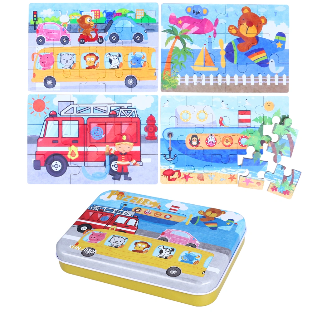 TOYMYTOY 4-In-1 Education And Learning Intelligence Toys Bus Ship Fire Truck Vehicles Animals Wooden Puzzles Jigsaw For Toddlers Cognitive Development Preschool Recognition Toys Kids Gift