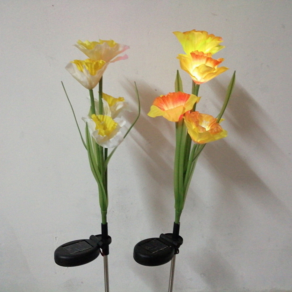 1pc Outdoor Solar Power LED Narcissus Stick Lamp Lawn Light Outdoor Waterproof Pin Lamp for Decor (4 Forks White + Yellow)
