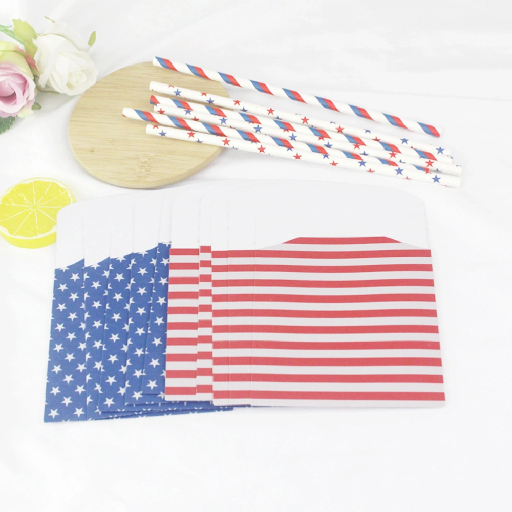 48pcs Disposable Fork Spoon Bags Independence Day Party Utensil Holders Cutlery Paper Pouch (Red Strip+Blue Star)