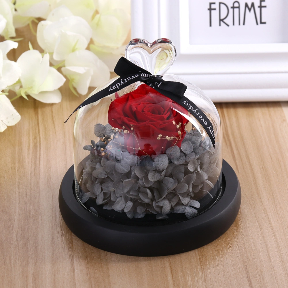 Artificial Rose Flower in Clear Glass Dome for Home Wedding Decor Valentine Birthday Mother's Day Gift (Red)