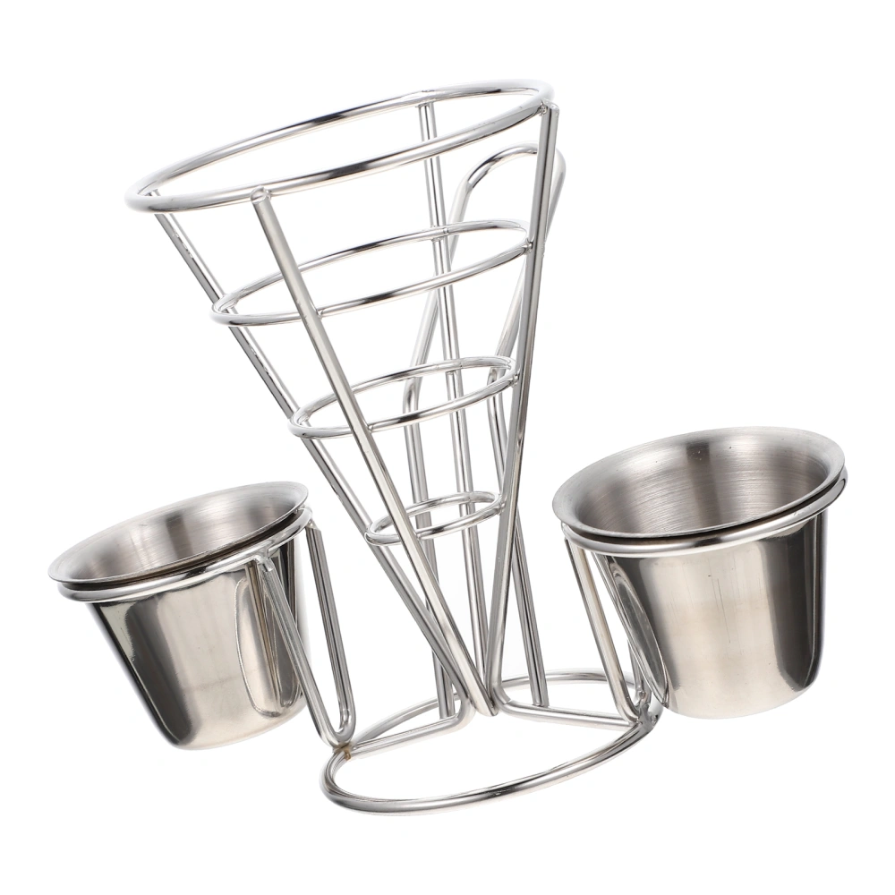 1 Set of French Fry Stand Cone Basket Stainless Steel Food Holder with Sauce Dippers