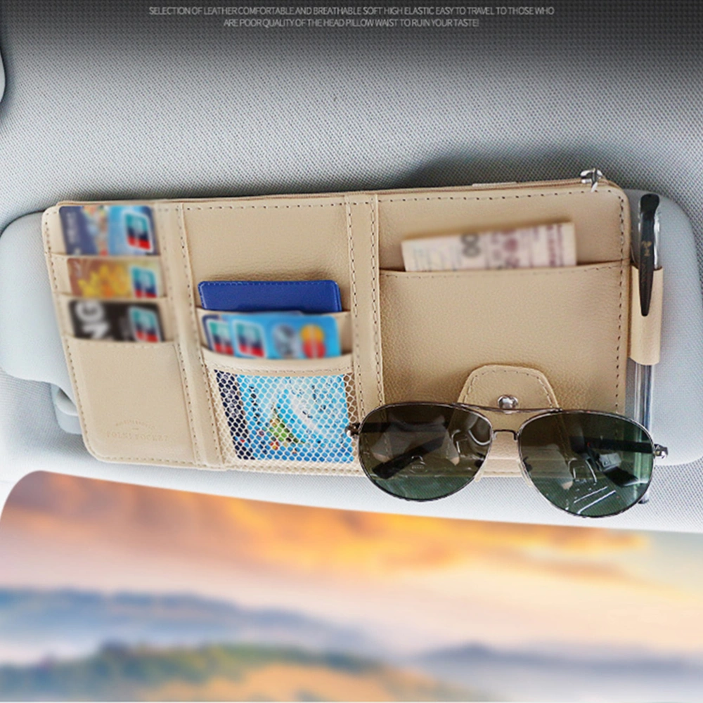 Multifunctional Automotive Car Sun Protection Visor Glass Storage Clip Zipper Holder Bag (Beige)