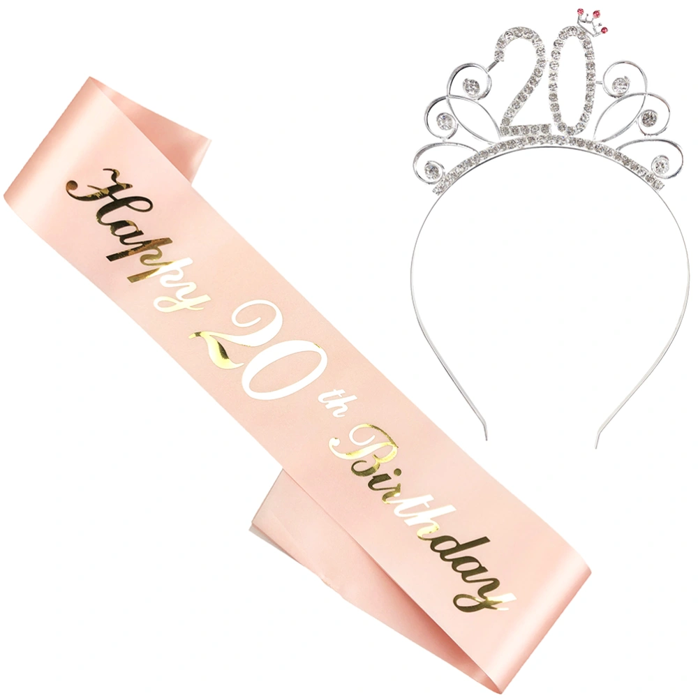 2pcs Birthday Sash Crown Set Decoration Rose Gold Stamping Letter Printing Etiquette Belt Party Supplies Dress Up Favors (20 Years Old)