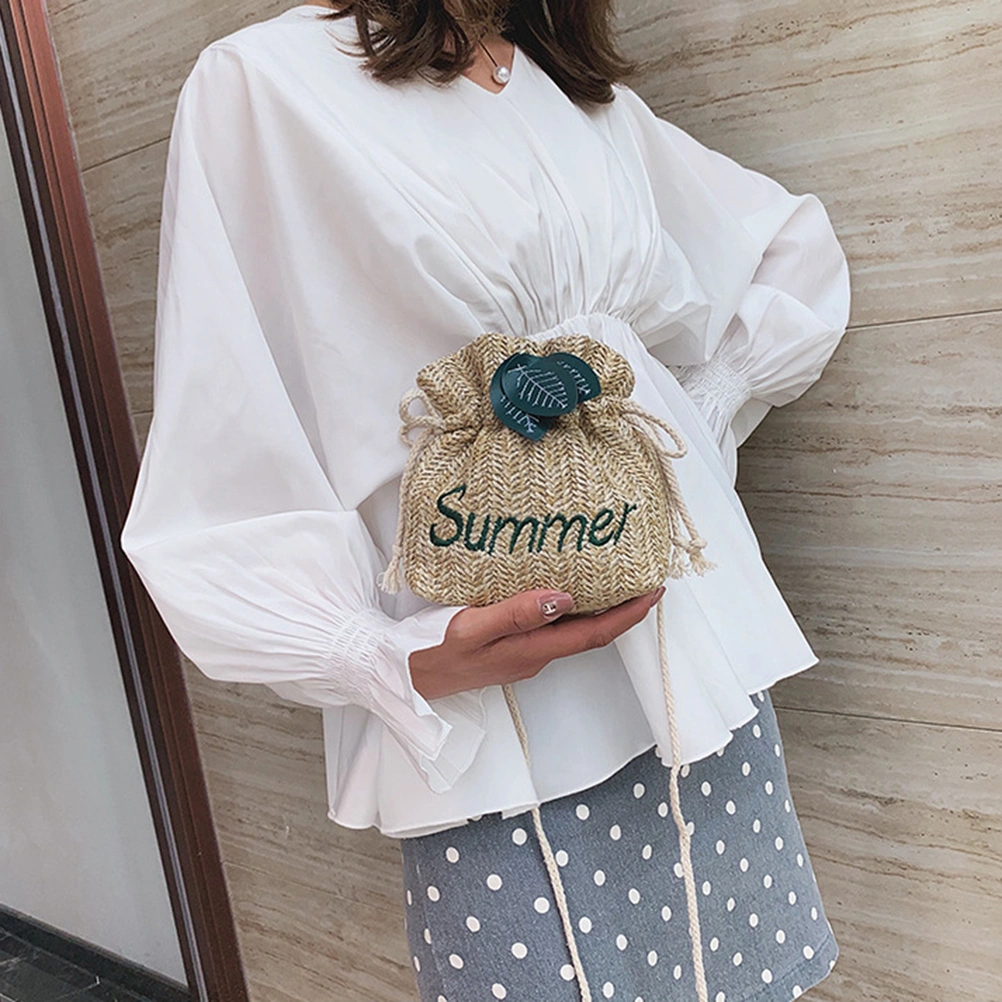 Fashion Straw Bucket Bag Small Weaving Shoulder Bag Summer Charming Messenger Bag Women Girls Handbag (Khaki)