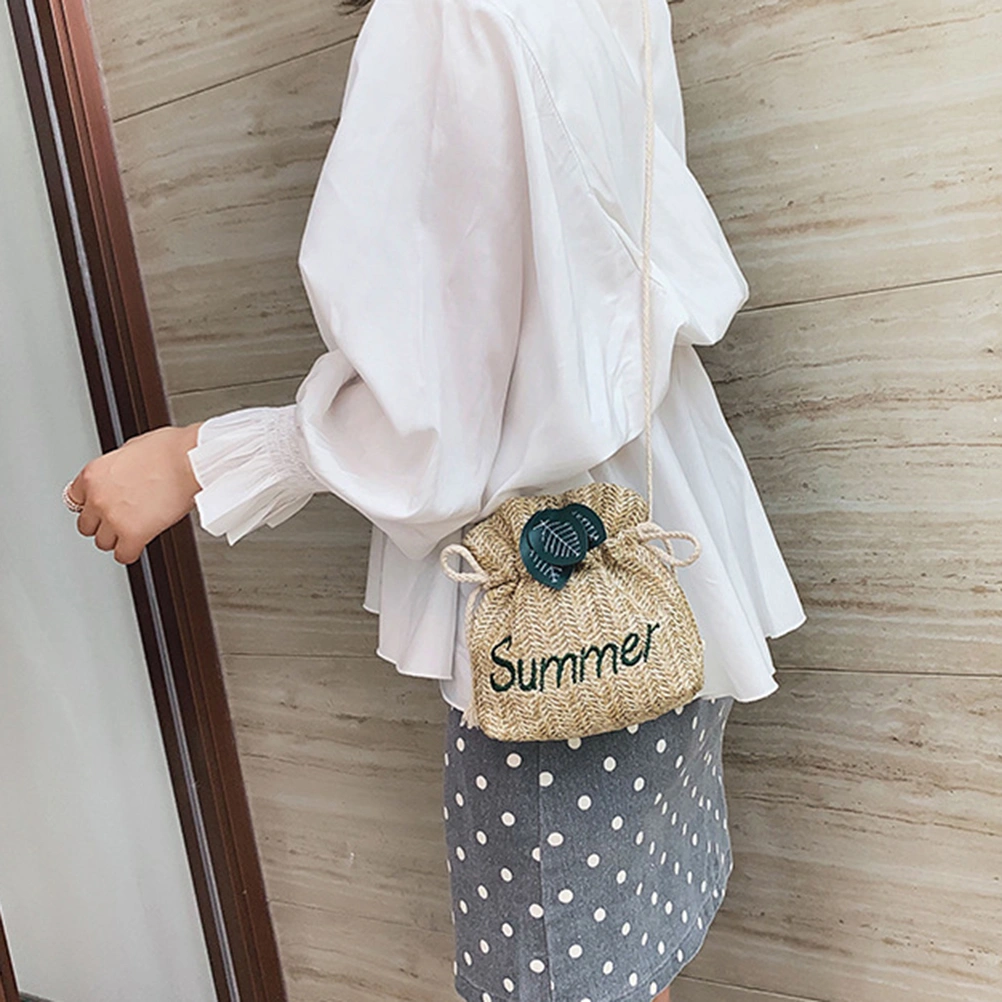 Fashion Straw Bucket Bag Small Weaving Shoulder Bag Summer Charming Messenger Bag Women Girls Handbag (Khaki)