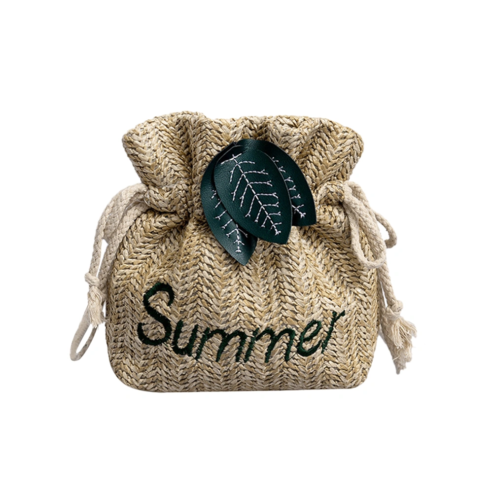 Fashion Straw Bucket Bag Small Weaving Shoulder Bag Summer Charming Messenger Bag Women Girls Handbag (Khaki)