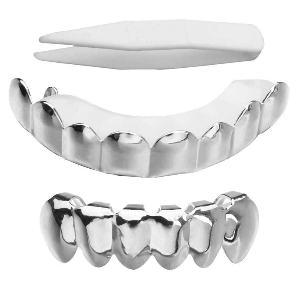 1Set / 8Pcs Hiphop Halloween Dentures Tooth Ornaments Funny Cosplay Props for Party Festival (Silver)