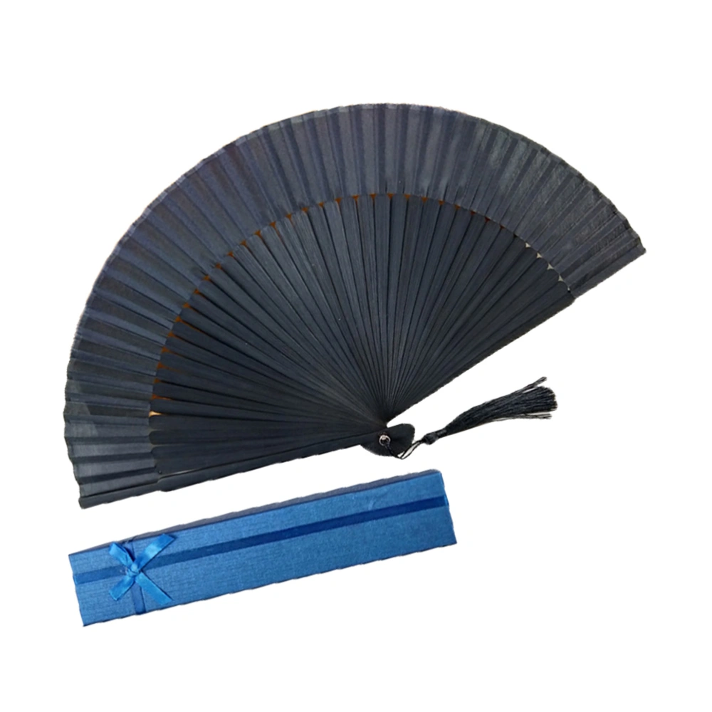 Men Black Foldable Fan Black Bamboo Bone Handheld Fabric Fan Chinese Style Folding Fan (Fan + Blue Storage Paper Box)