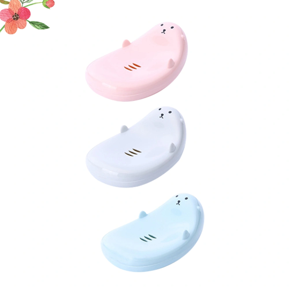 3pcs Cartoon Soap Draining Box Soap Storage Case Soap Container Bathroom Soap Holder for Home Hotel (Blue + Grey + Pink)