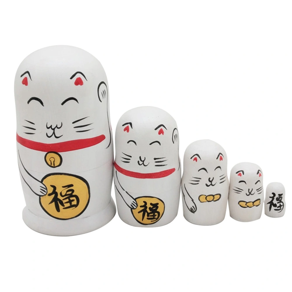 5 Pcs Nesting Dolls Adorable White Fortune Cat Russian Stacking Dolls Collection Toy