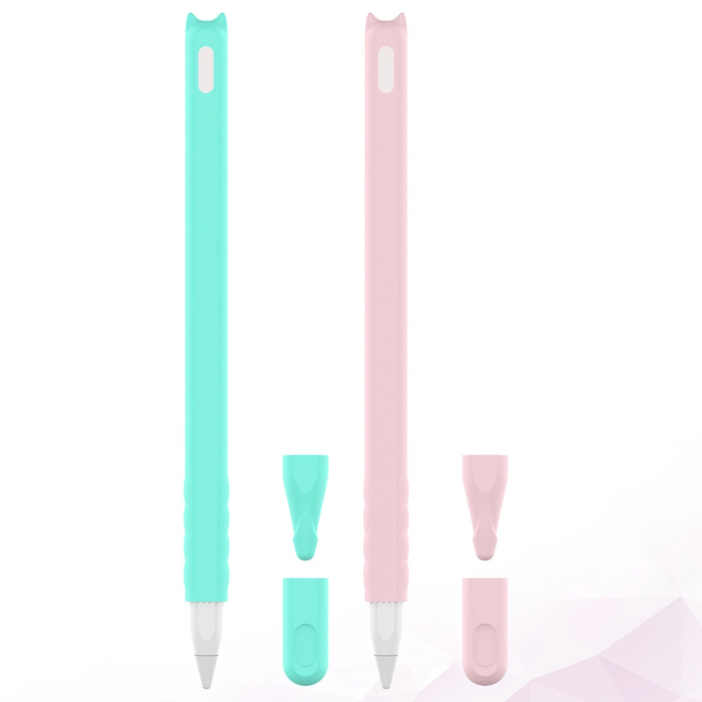 2Pcs Cartoon Cat Head Shaped Accessories Silicone Pen Combination Compatible for Apple Pencil2(Pink Blue)