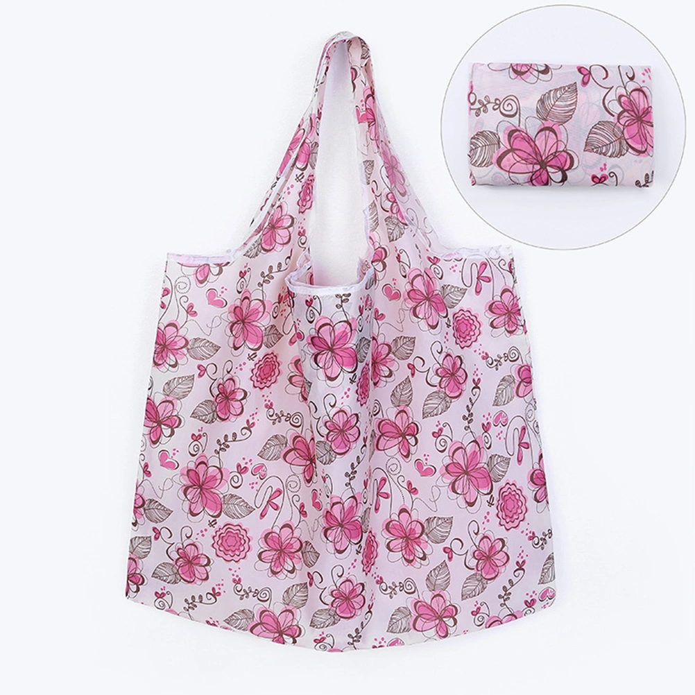1 Pc Eco-friendly Bag Polyester 2-in-1 Foldable Shopping Bag Resuable & Machine Washable Shoulder Storage Bag - White Background with Red Flower (As shown)