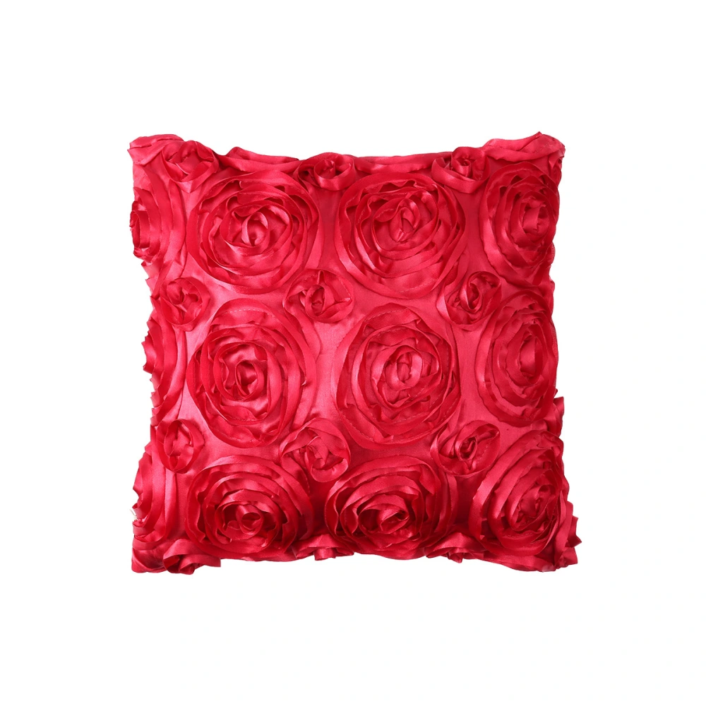 3D Decorative Rose Throw Pillowcase Flowers Embroidered Cushion Cover Square Pillowslip for Home Wedding - Wine