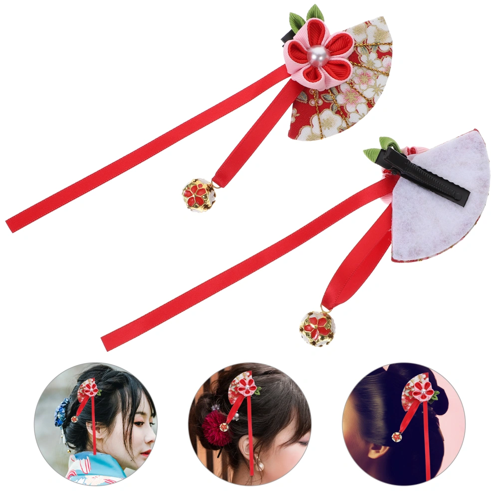 2pcs Handmade Fan Hairpin Women Cherry Blossom Hair Clip Cheongsam Hair Accessories (Red)