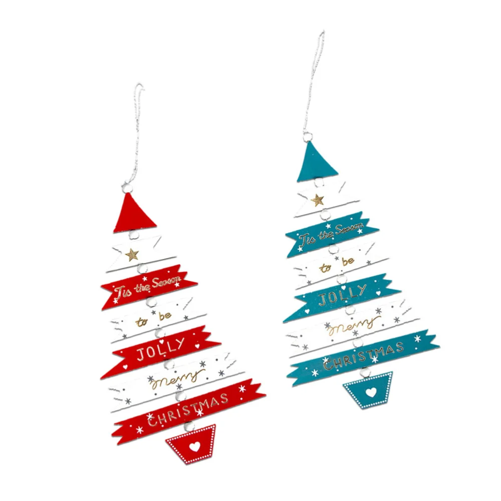 2pcs Christmas Tree String Hanging Ornament Wooden Painting Christmas Tree Pendant (1pc Red, 1pc Dark Blue)