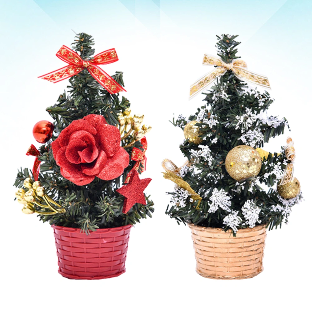 2pcs Artificial Xmas Tree Decor Christmas Tree Model Gifts for Home Office Store (20cm Golden A and Red A)