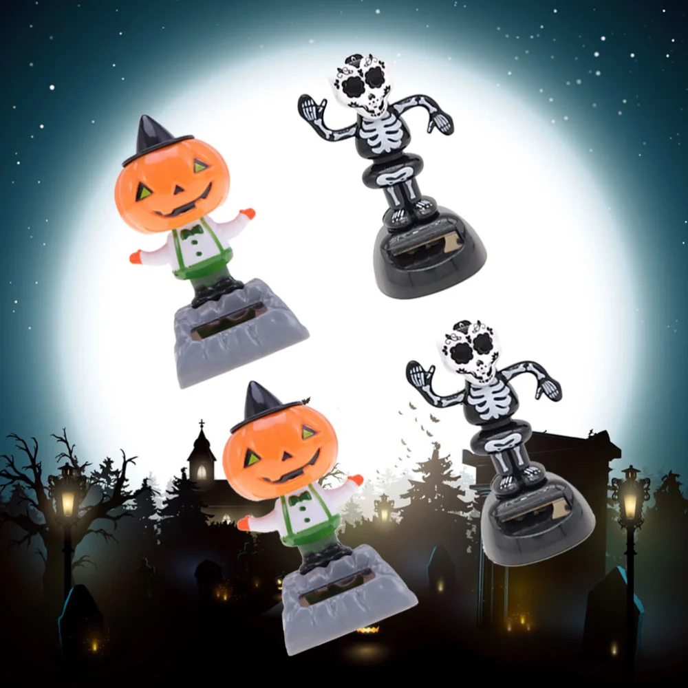 4pcs Halloween Swing Pumpkin and Skull Car Ornament Solar Powered Car Interior Decor Doll Kids Gift (2pcs Pumpkin + 2pcs Ghost)