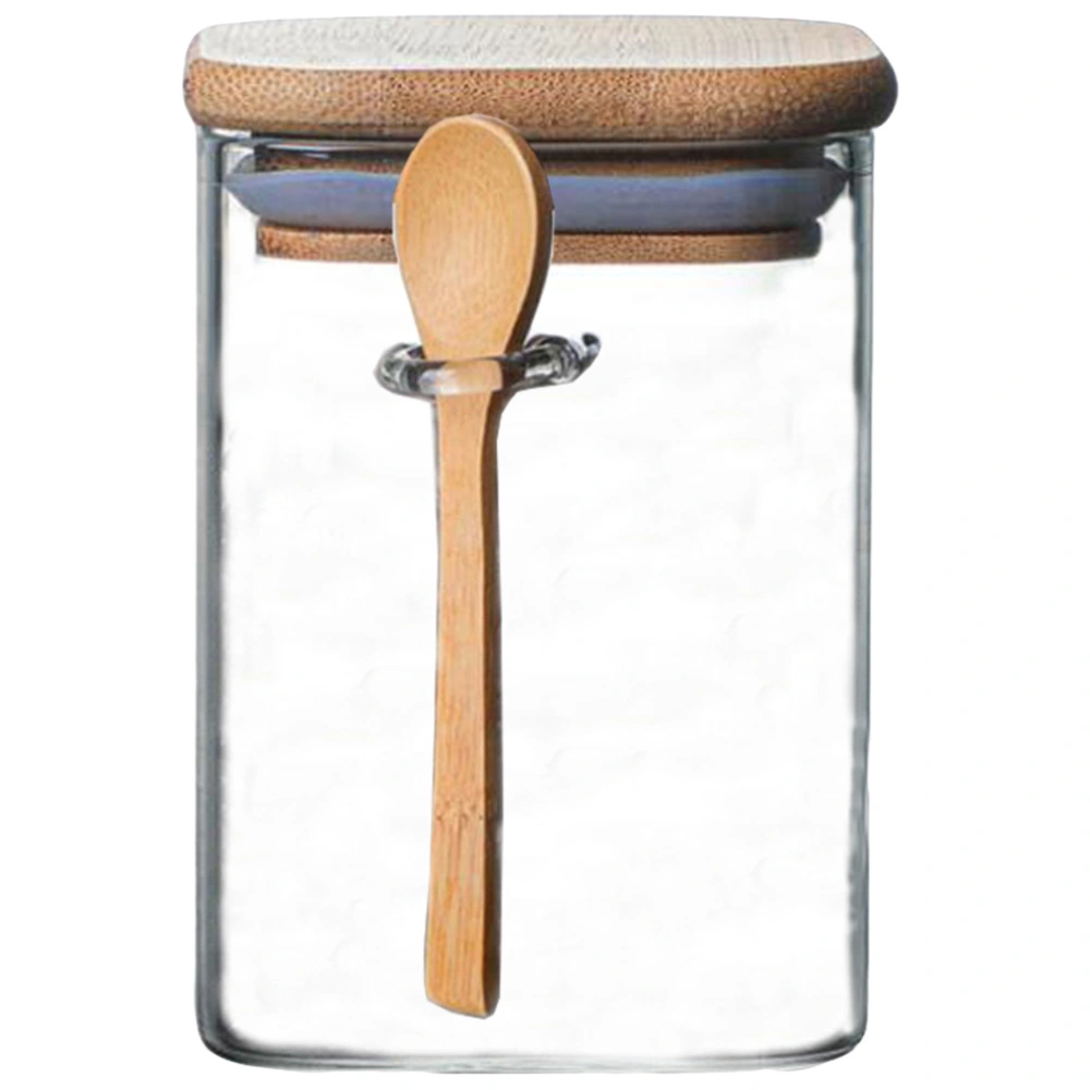 1 Pc 800ML Square Glass Seal Pot Household Storage Jar with Spoon (Transparent)