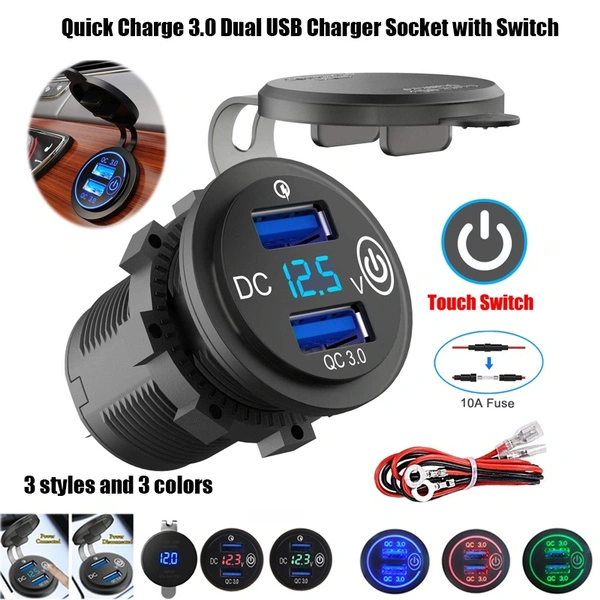 Upgraded Quick Charge 3.0 Dual USB Ports Car Charger with Voltmeter & Switch Waterproof 36W 12V/24V USB Power Outlet Adapter Fast Charge Cigarette Lighter Socket Splitter for Marine Boat Motorcycle
    