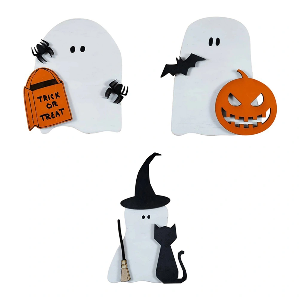 3pcs Halloween Wooden Ghost Sign Decoration Table Ornament Home Office Decor