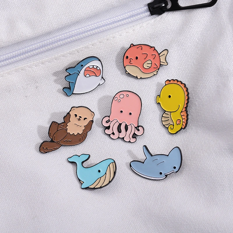 Marine Life Series brooch cute shark whale seahorse metal badge personality accessory jellyfish brooch puffer