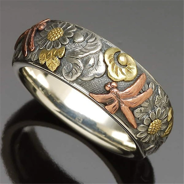 Women's Vintage Dragonfly Sunflower Ring Unique Engagement Wedding Rings Band Anniversary Gift Jewelry Size 5-12