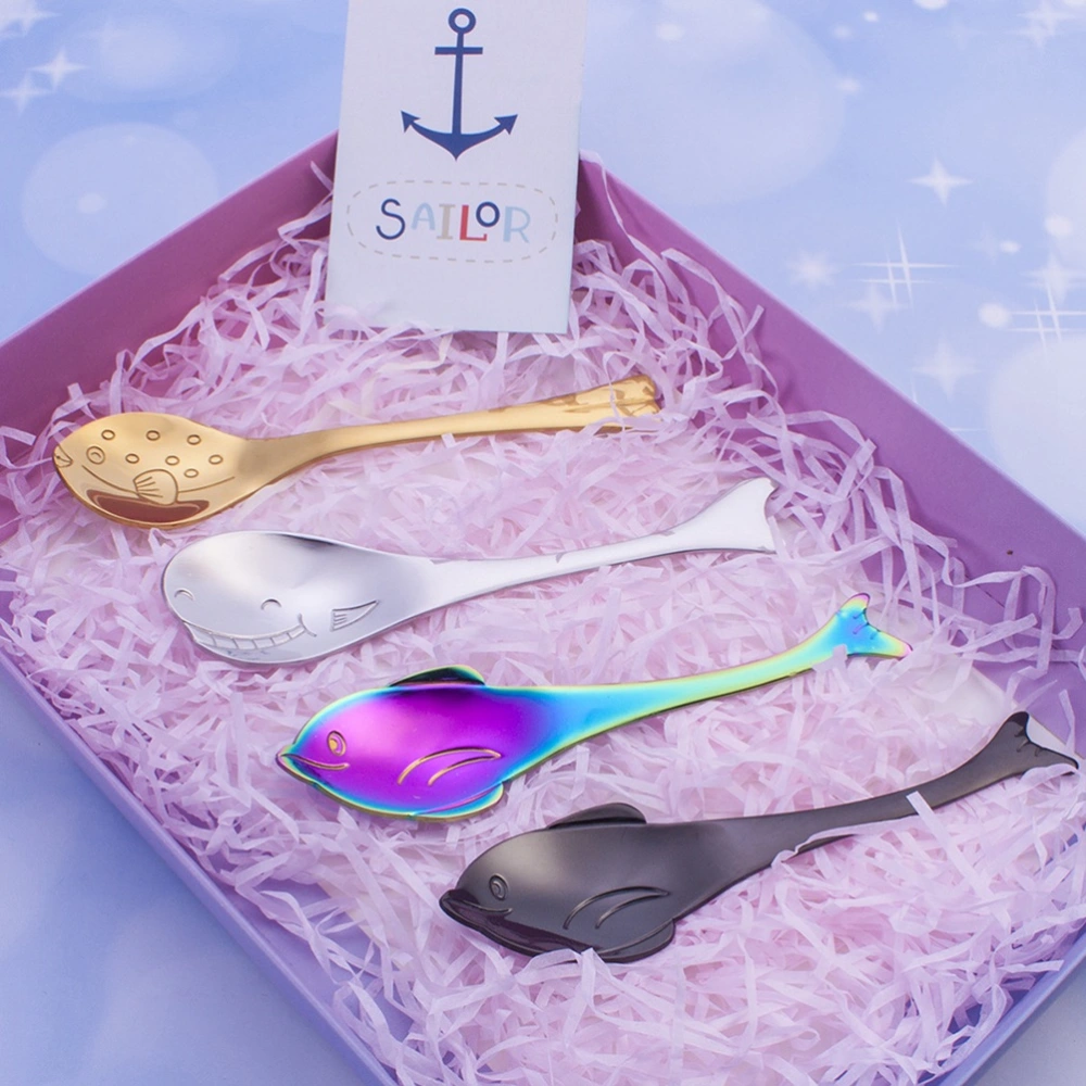 4PCS Stainless Steel Soup Spoon Cartoon Dolphin Shape Coffee Stirring Spoons