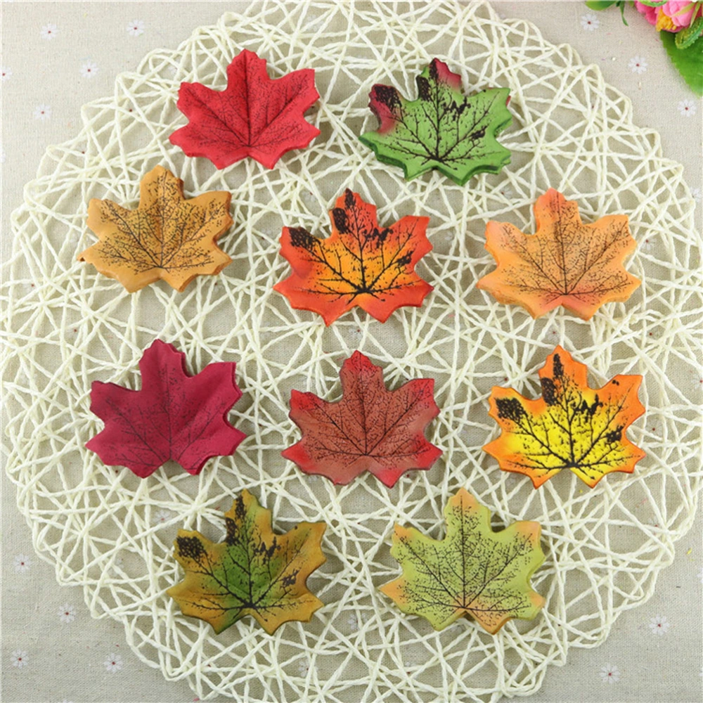 50Pcs Artificial Maple Leaves Cloth Fake Maple Leaves Simulation Props for Party Wedding Decoration (Light Yellow & Red)