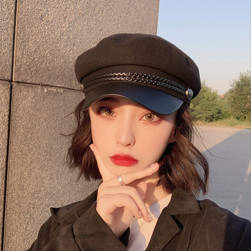 Korean Autumn and Winter Beret Hat Women Casual All-match PU Leather Hat Navy Hat British Retro Flat Peaked Cap