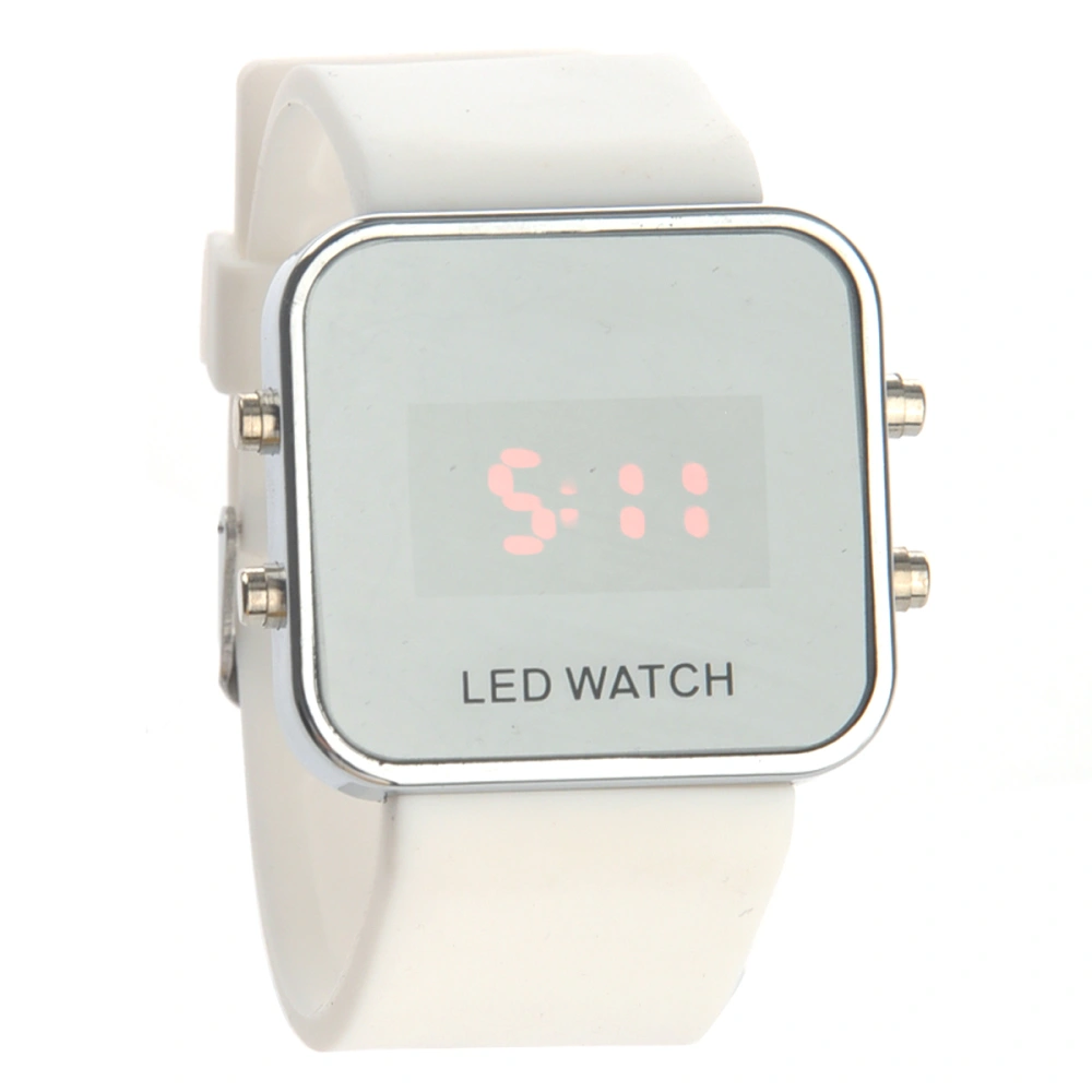 Fashion Square Mirror Face Unisex Red LED Digital Wrist Watch with Date & Silicone Band (White)