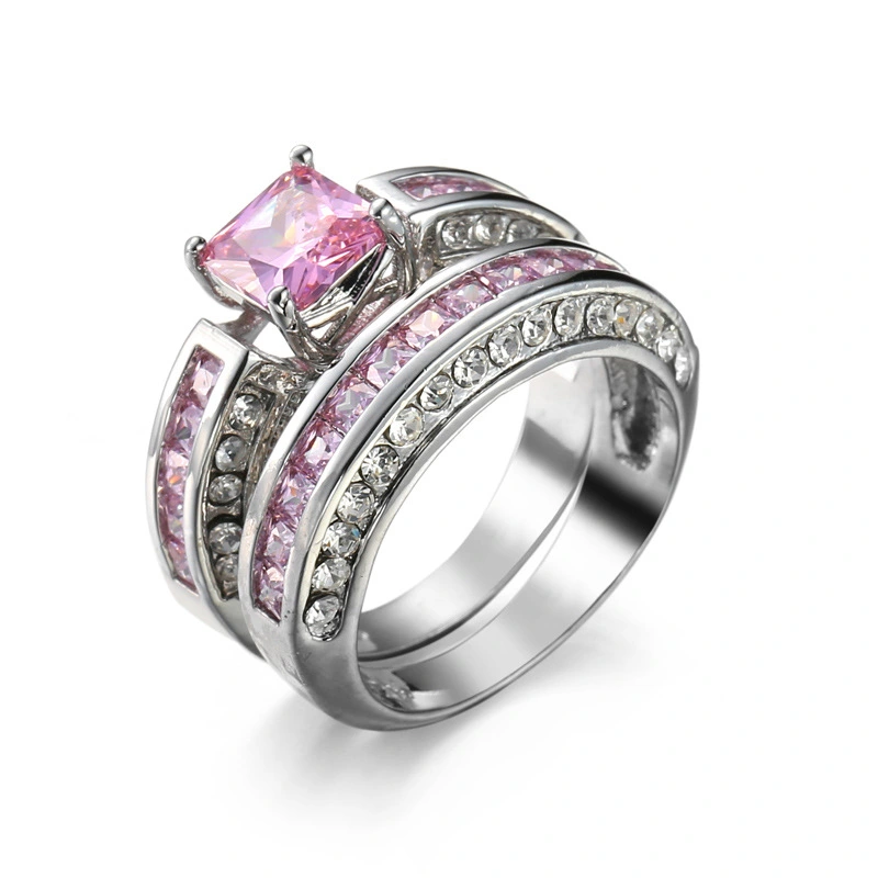 2Pcs/Set 925 Silver Plated Pink Purple White Sapphire CZ Wedding Set Rings Size 6-11 (Choice Color and Size )