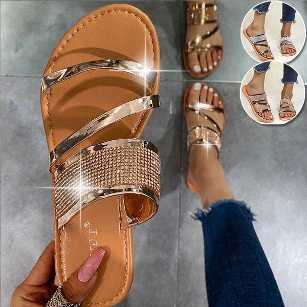 Summer Women's Fashion Non-slip Flat Slippers Bling Flip Flops Bright Diamond Outdoor Beach Slippers Plus Size