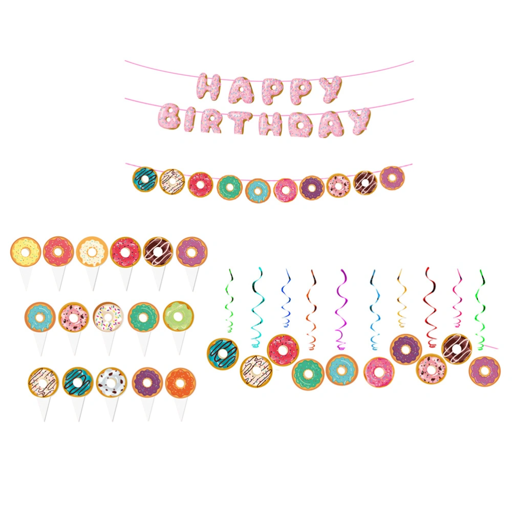 1 Set of Birthday Party Banners Toppers Donut Pattern String Flags Kit Decor