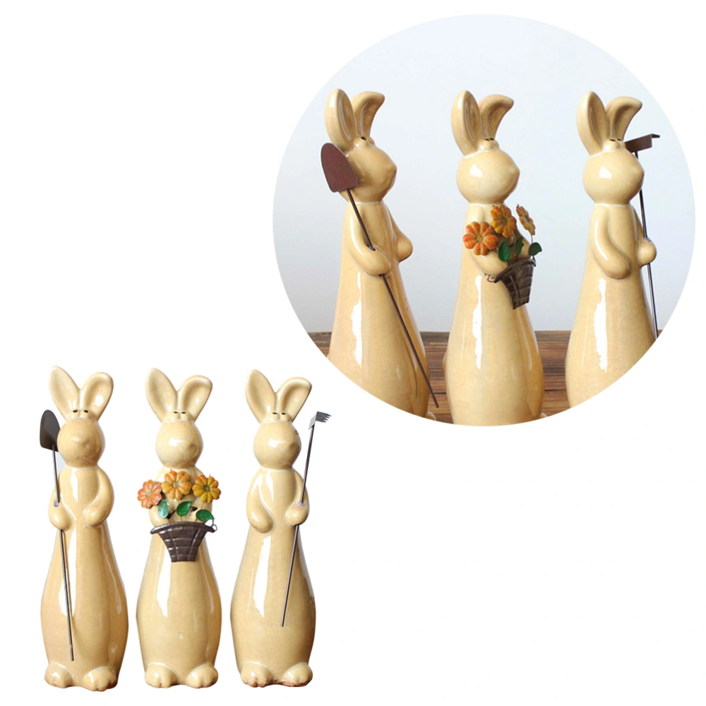 3pcs Ceramic Labor Rabbit Home Decor Garden Decoration Crafts Handicraft Ornament Porcelain Animal Figurine Gifts