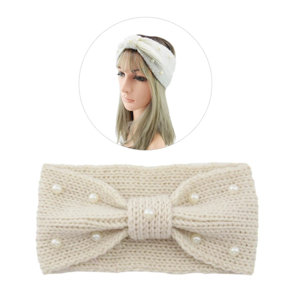 1Pc Knit Woolen Headband Pearl Decor Headdress Bowknot Head Cover Winter Headwraps for Women Beige