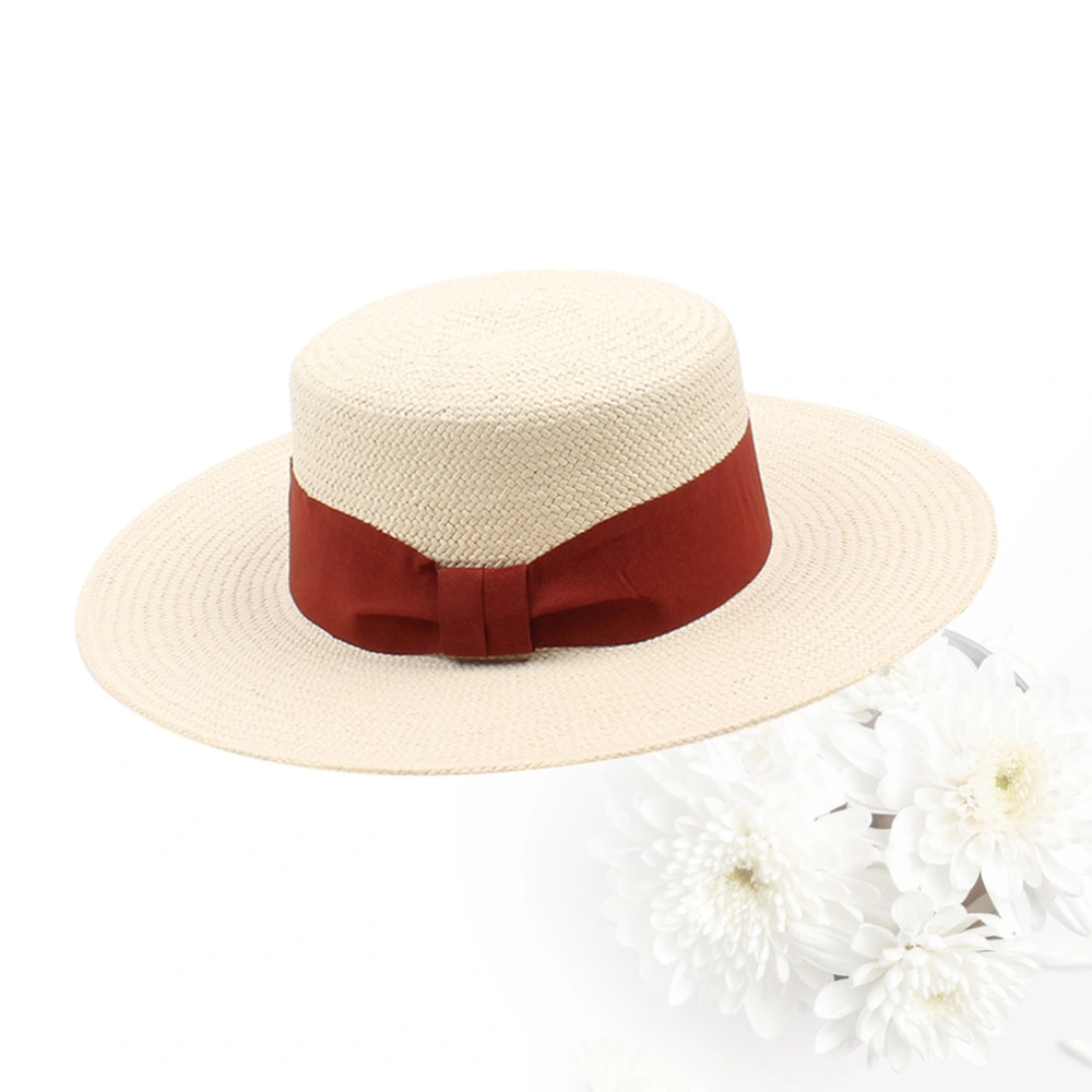 Adjustable Straw Plaited Flat Hat Beach Sun Protection Hat Holiday Straw (Red)