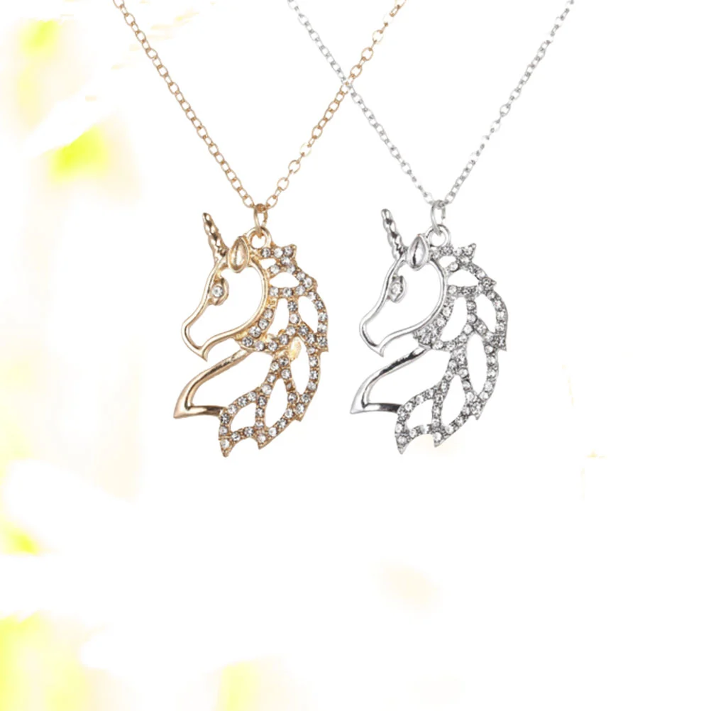 2pcs Unicorn Necklace Rhinestone Pendant Necklace Jewelry Souvenir Alloy Birthday Gift Crystal Ornaments (Gold and Silver, 1pc for Each Color)