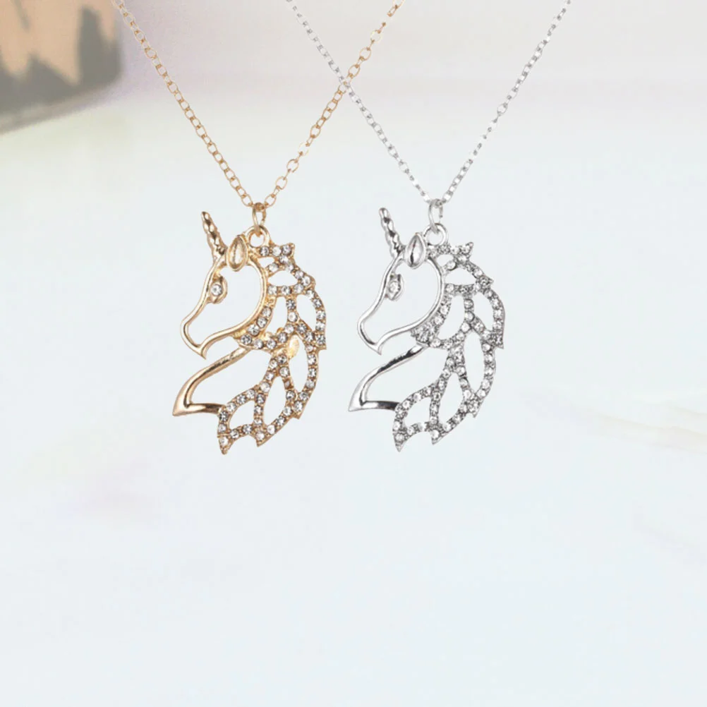 2pcs Unicorn Necklace Rhinestone Pendant Necklace Jewelry Souvenir Alloy Birthday Gift Crystal Ornaments (Gold and Silver, 1pc for Each Color)