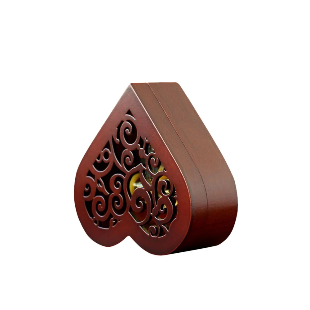 1pc Heart Shaped Musical Box Vintage Wood Carved Wind up Music Box Gift for Valentine's Day (Bronze Movement)