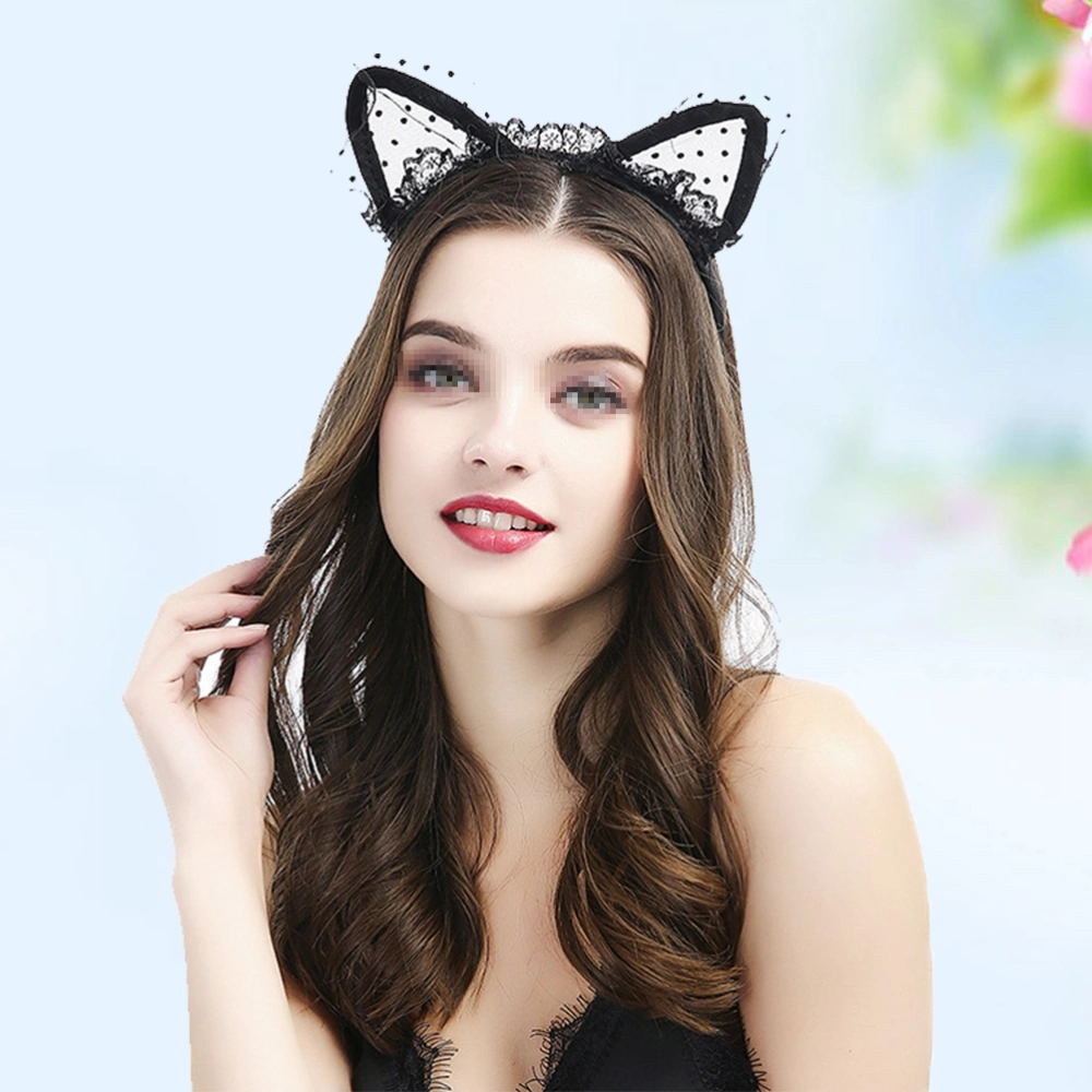 Halloween Headband Lace Cat Ears Head Piece Hair Band Accessory Party Costume Favors Supplies (Black)