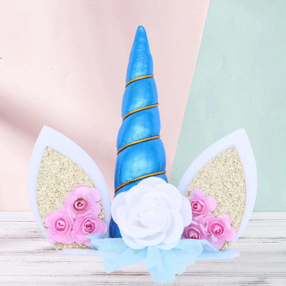 Unicorn Cake Topper with Flower Decorative Cake Decoration Party Supplies for Birthday Baby Shower Unicorn Theme Party (Blue)