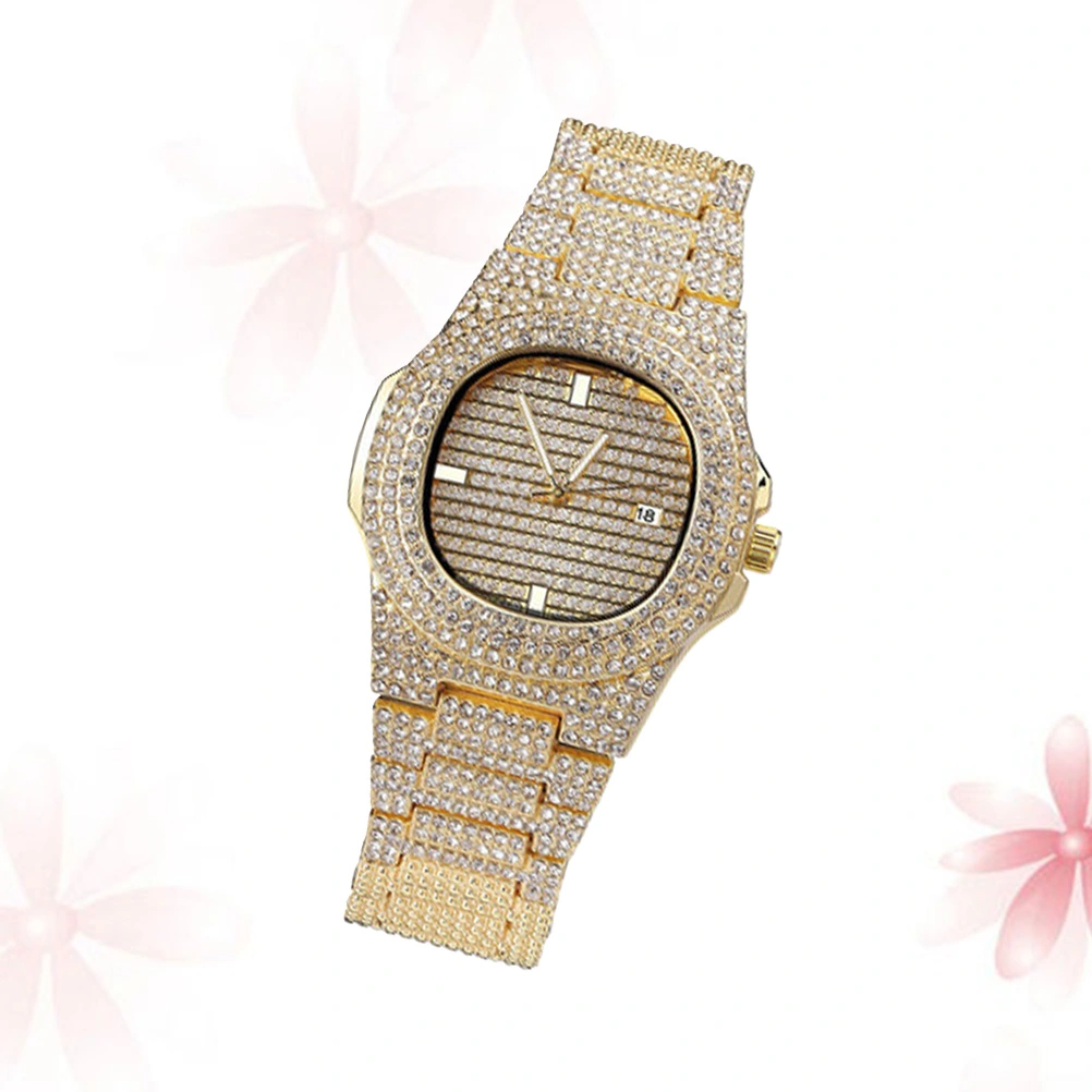 Male Zircon Watch Band Rhinestone Watch Fashion Quartz Watch Hippop Wrist Watch Golden