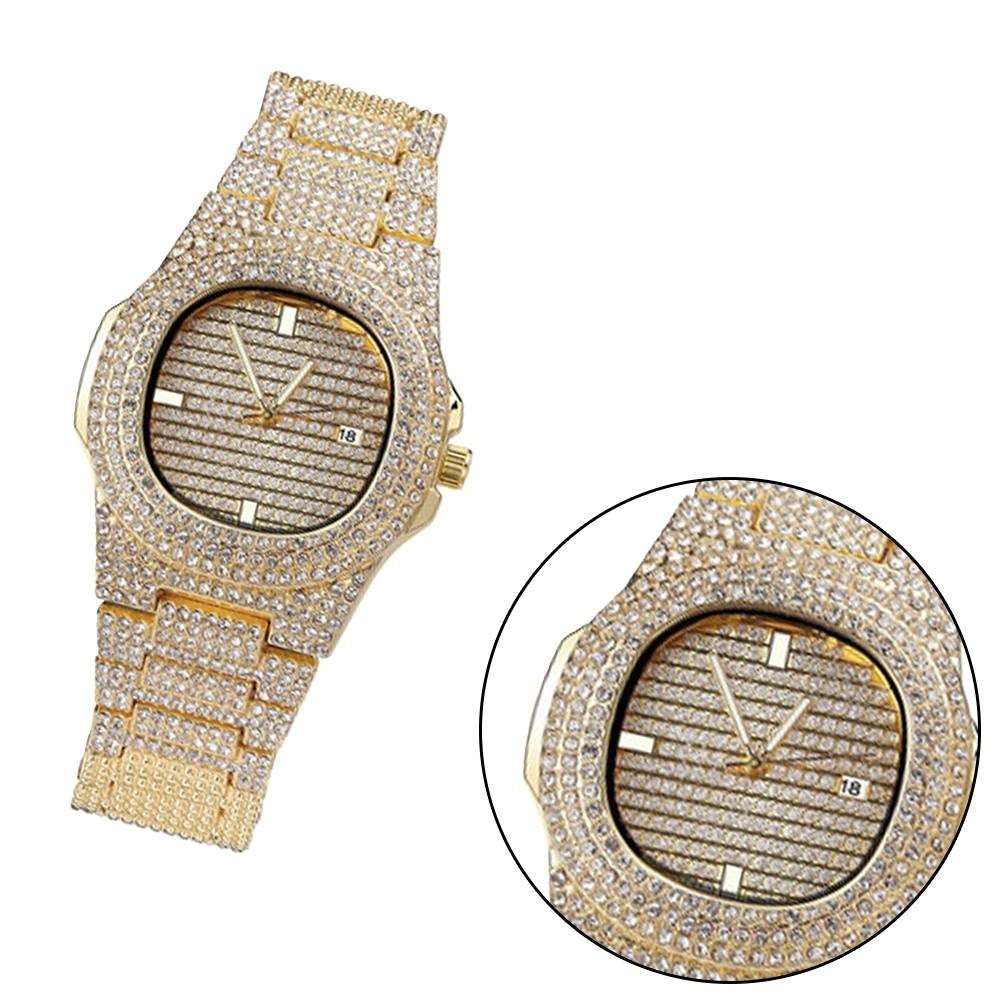 Male Zircon Watch Band Rhinestone Watch Fashion Quartz Watch Hippop Wrist Watch Golden