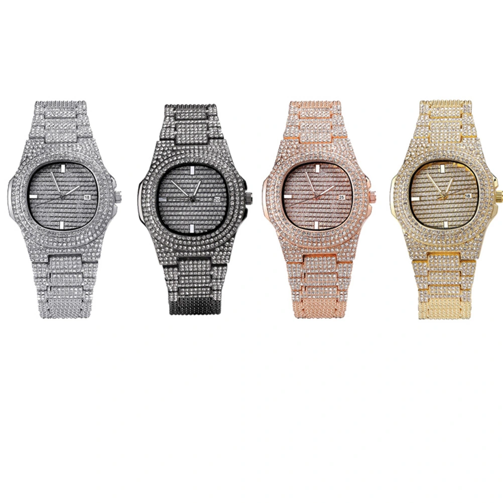 Male Zircon Watch Band Rhinestone Watch Fashion Quartz Watch Hippop Wrist Watch Golden