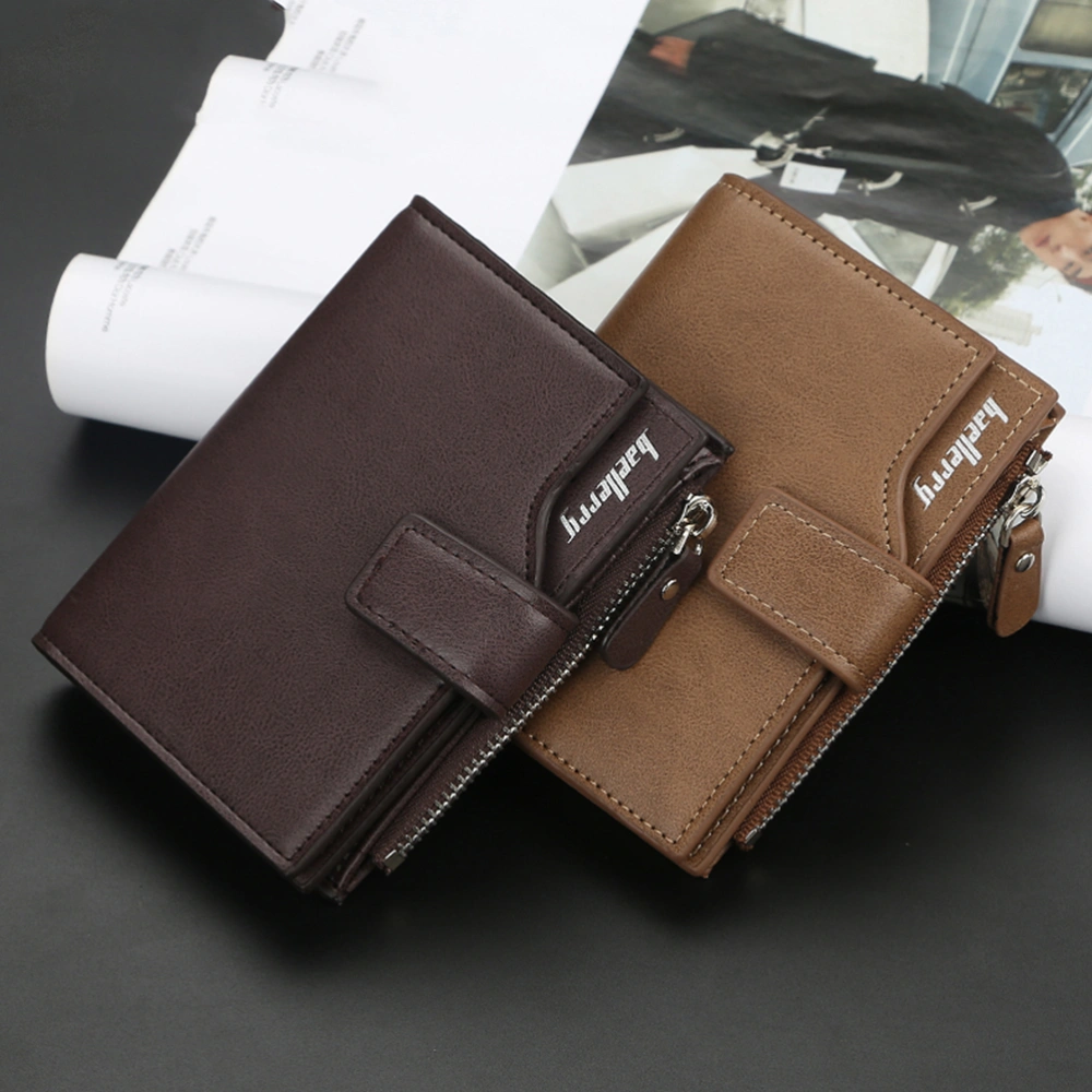 Men Short Wallet Mini Tri-fold Zipper Coin Purse Compact PU Leather Money Bag (Brown)