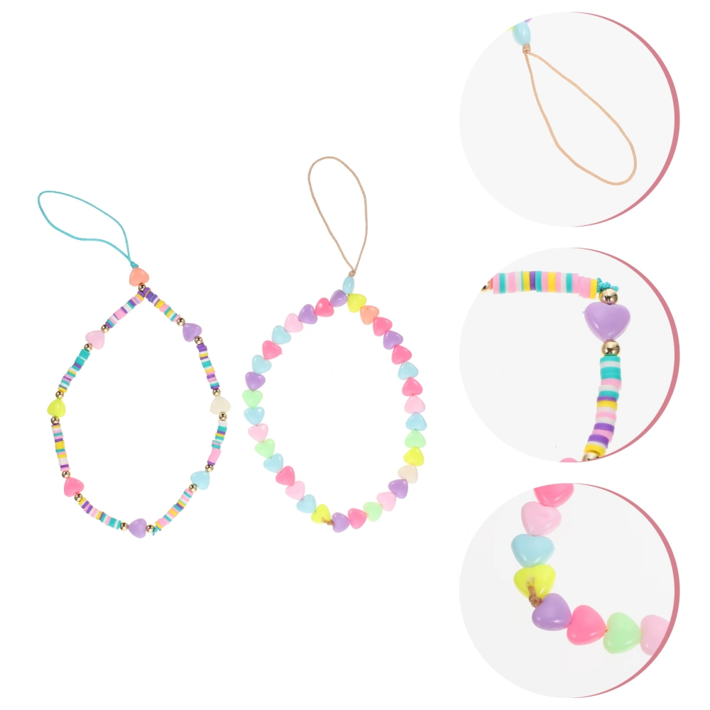 2pcs Colorful Beads Heart Design Phone Chains Phone Lanyards Phone Straps