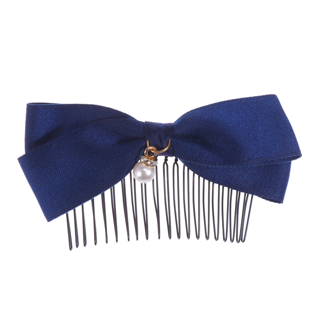 Elegant Hair Comb Bowknot Bang Hair Accessory Inserted Combs Headdress for Women Girls Dark Blue (with Pearl)