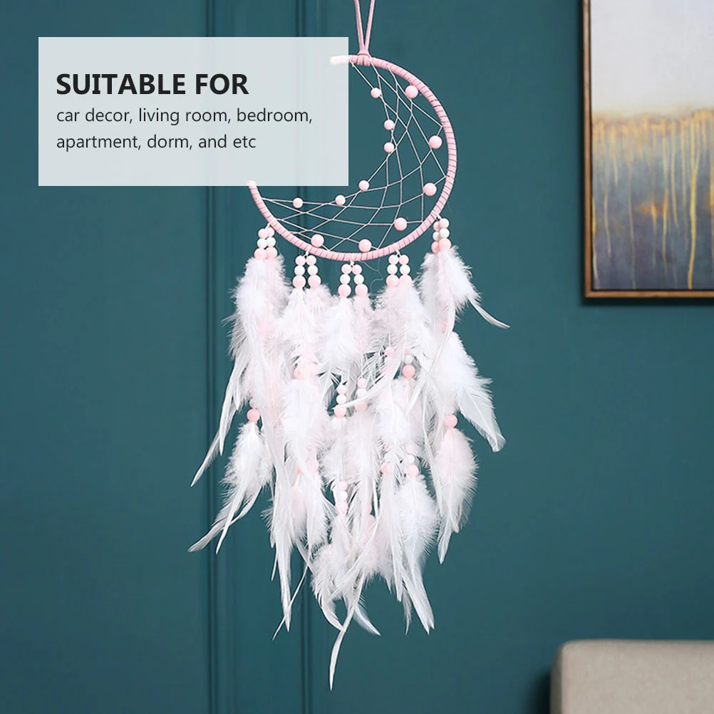 1pc Moon Shape Dreamcatcher Hanging Decoration Light Bead Feather Pendant