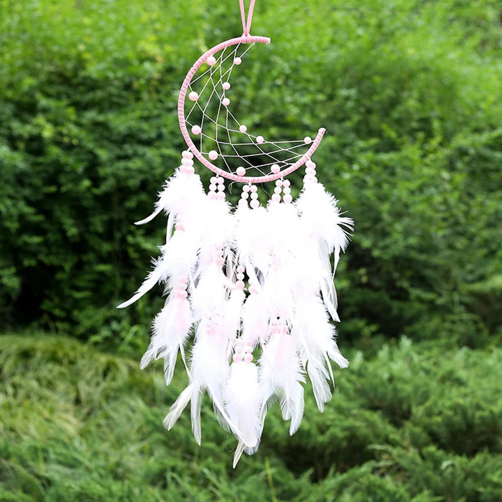 1pc Moon Shape Dreamcatcher Hanging Decoration Light Bead Feather Pendant